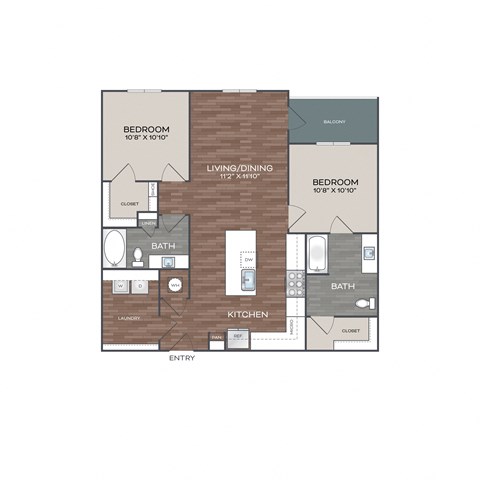 Floor plan for 2 beds, 2 baths, 1089 sqft